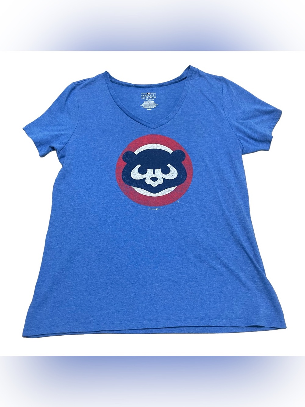 MLB Blue V-Neck Tee with Red and Navy Bear Logo